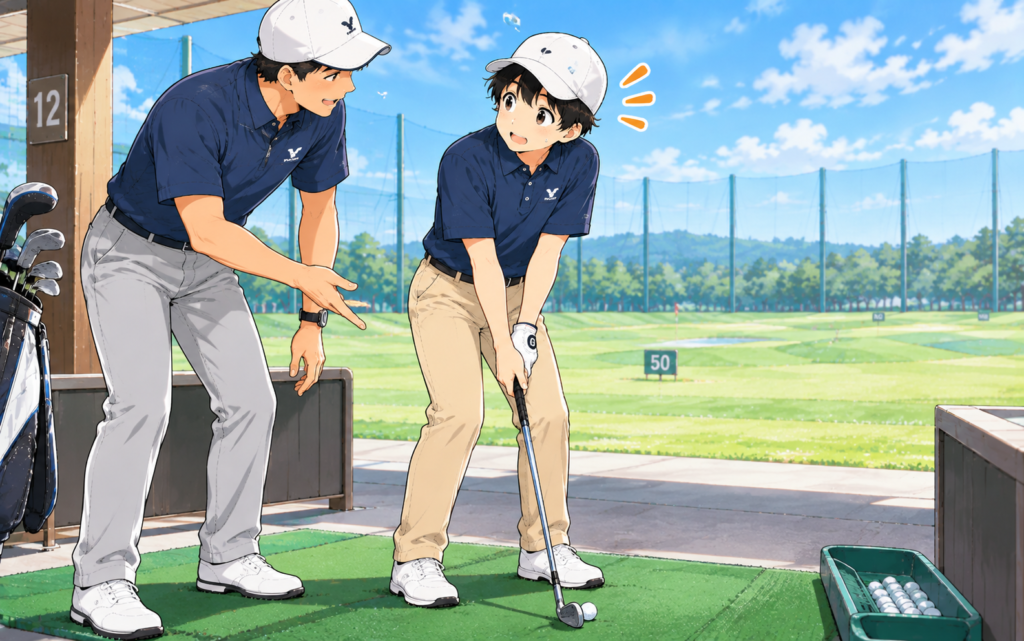 打ちっぱなしでティーチングプロにアドバイスを受ける初心者ゴルファー