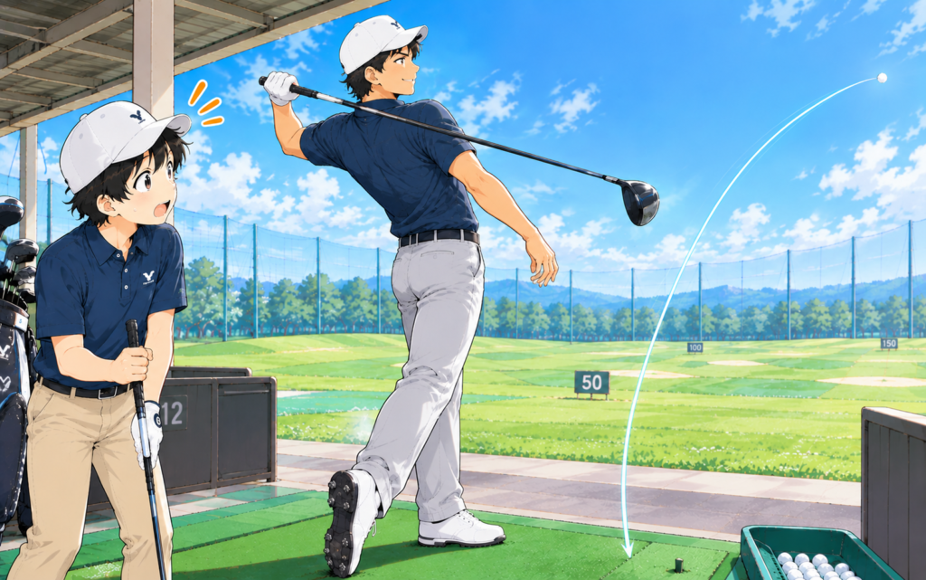 上手な先輩のドライバーショットに驚く初心者ゴルファー